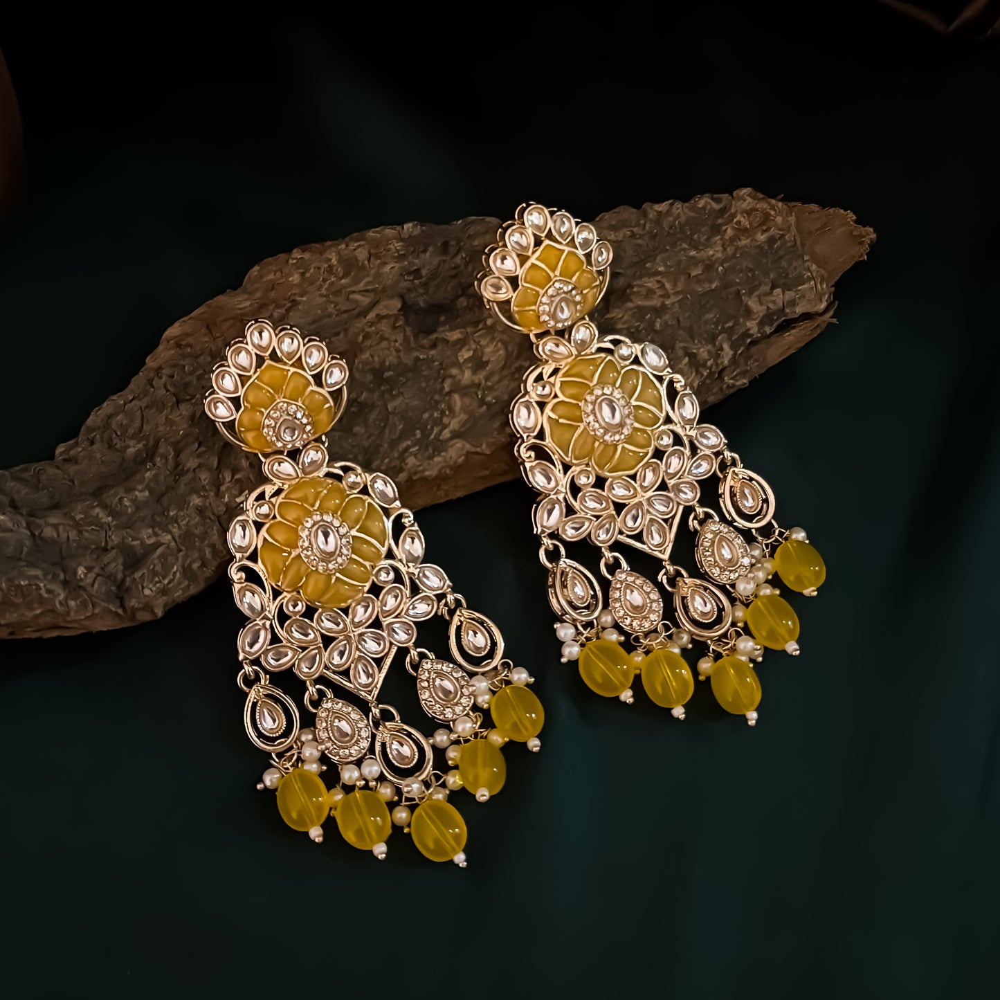 Medha Meenakari Pearl Chandbali Earrings - Yellow