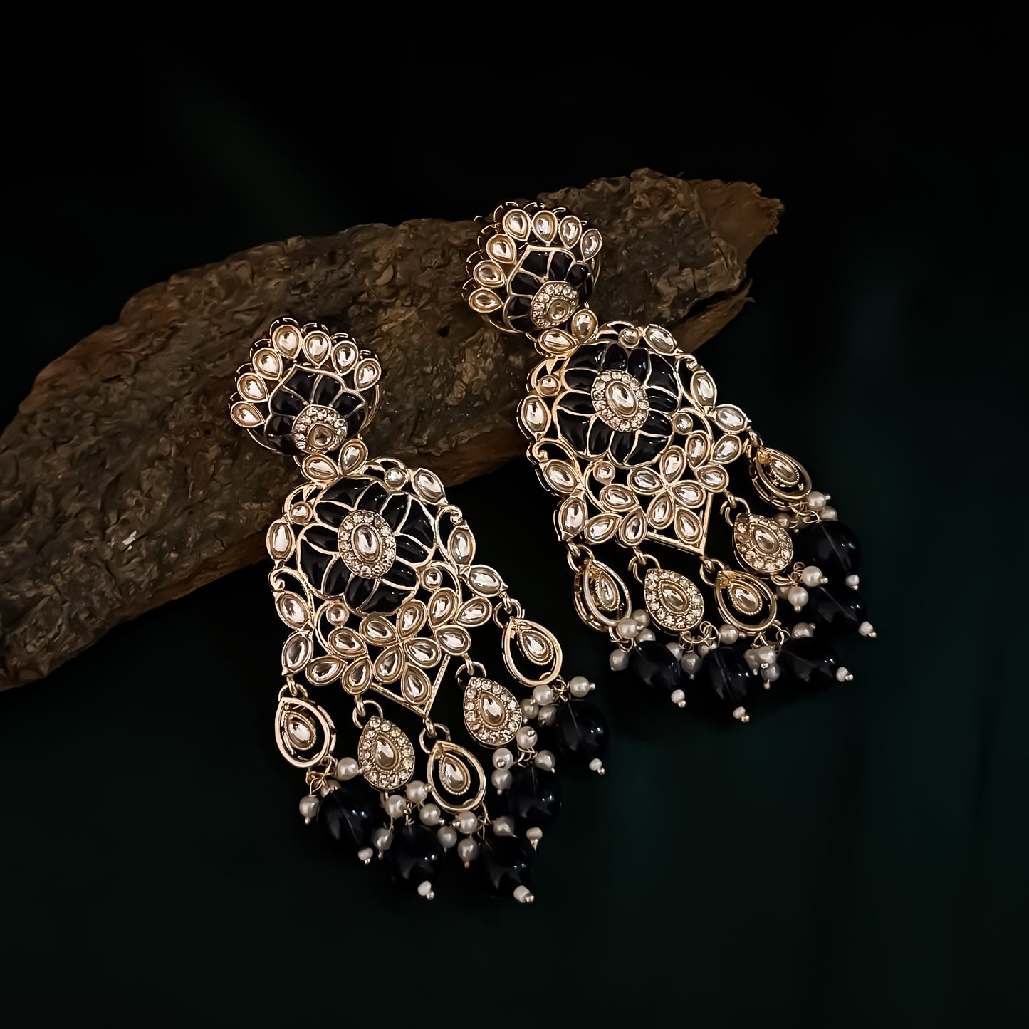Medha Meenakari Pearl Chandbali Earrings - Navy Blue