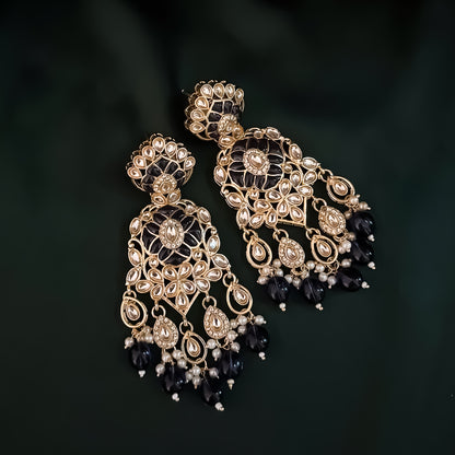 Medha Meenakari Pearl Chandbali Earrings - Navy Blue
