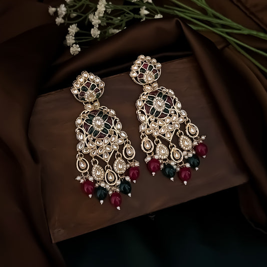 Medha Meenakari Pearl Chandbali Earrings - Ruby & Green