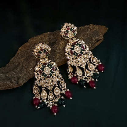 Medha Meenakari Pearl Chandbali Earrings - Ruby & Green