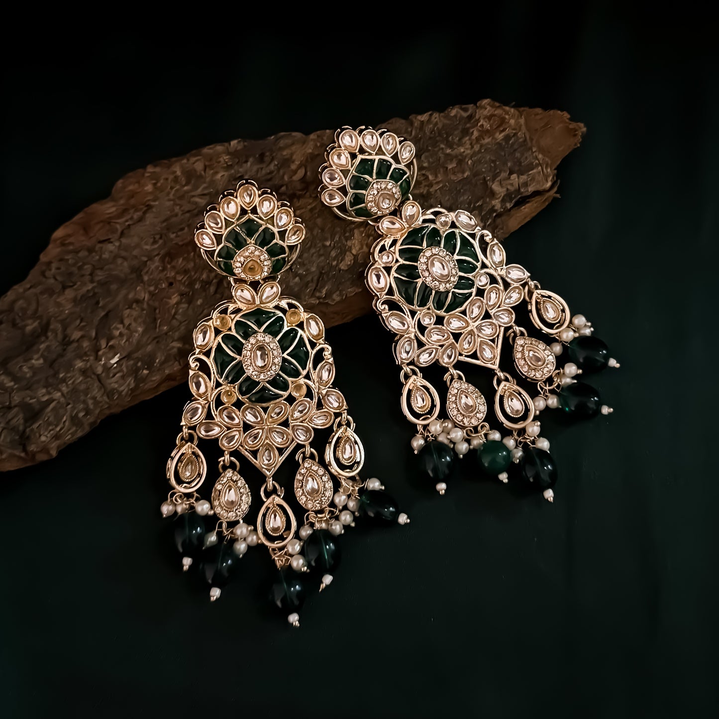 Medha Meenakari Pearl Chandbali Earrings - Green