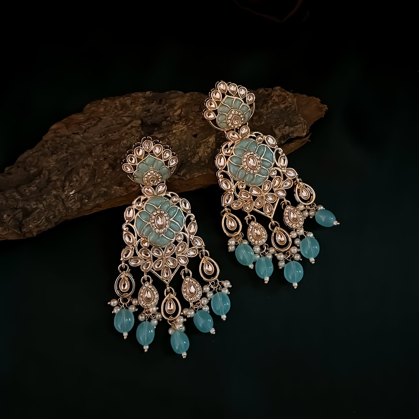 Medha Meenakari Pearl Chandbali Earrings - Sky Blue