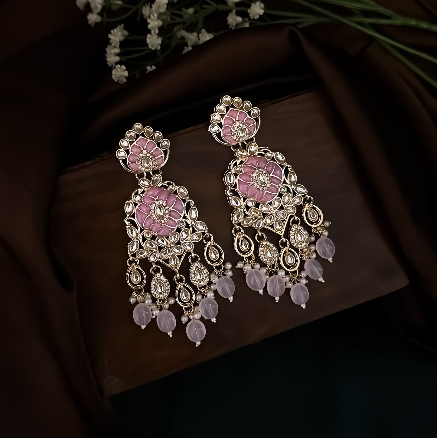 Medha Meenakari Pearl Chandbali Earrings - Baby Pink