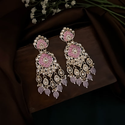 Medha Meenakari Pearl Chandbali Earrings - Baby Pink