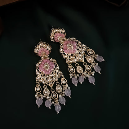 Medha Meenakari Pearl Chandbali Earrings - Baby Pink