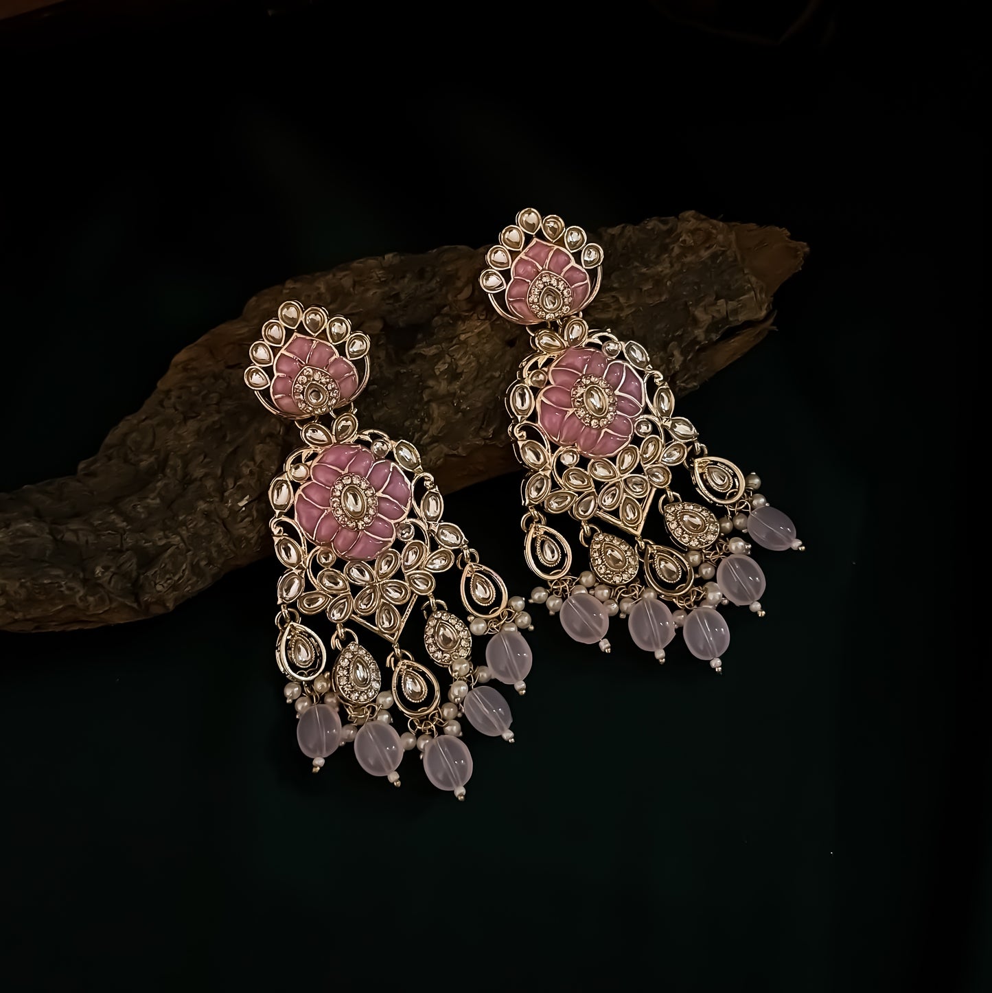 Medha Meenakari Pearl Chandbali Earrings - Baby Pink