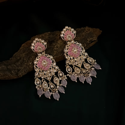 Medha Meenakari Pearl Chandbali Earrings - Baby Pink