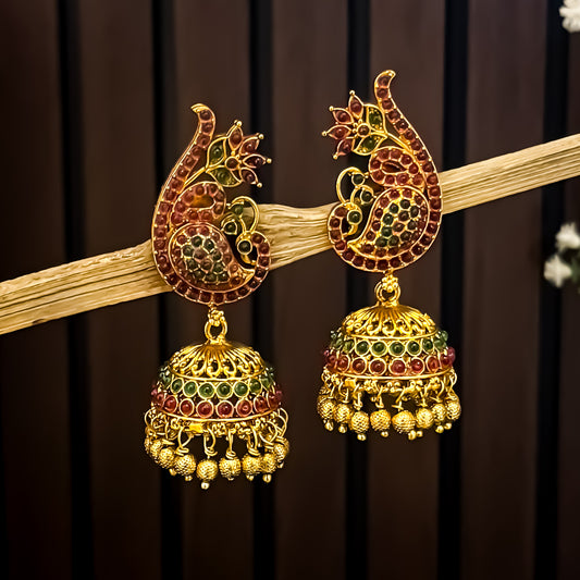 Sreedha Temple Gold Jhumka Earrings - Maroon & Green
