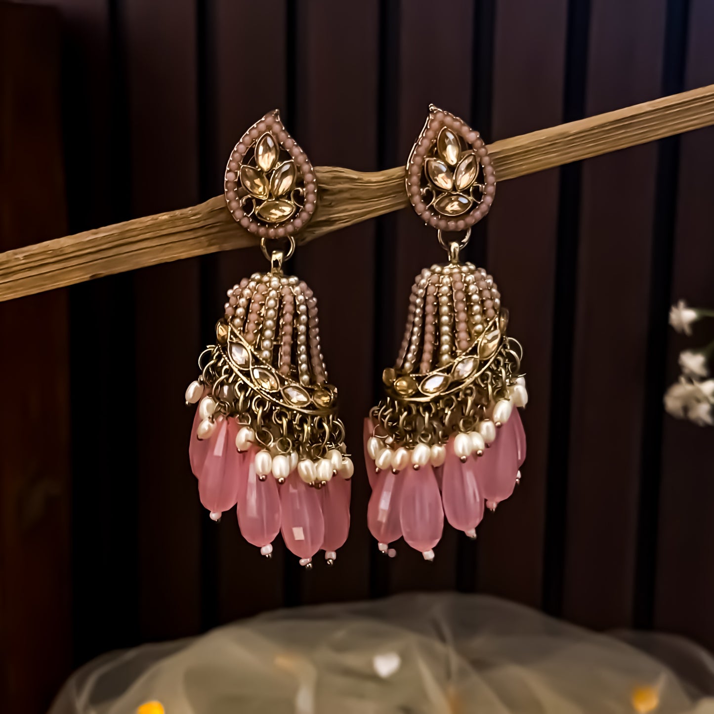 Maheer Jadau Jhumka Earrings - Baby Pink