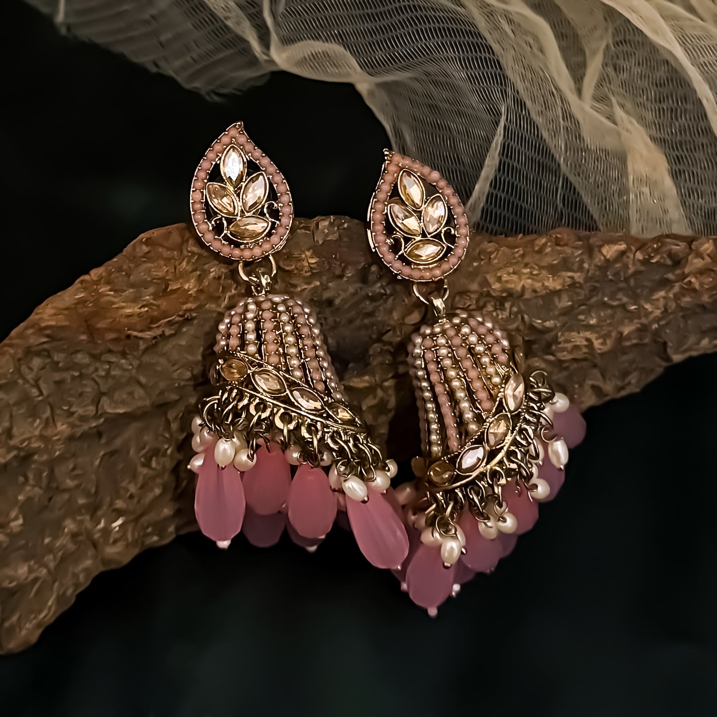 Maheer Jadau Jhumka Earrings - Baby Pink