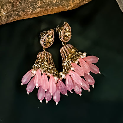 Maheer Jadau Jhumka Earrings - Baby Pink