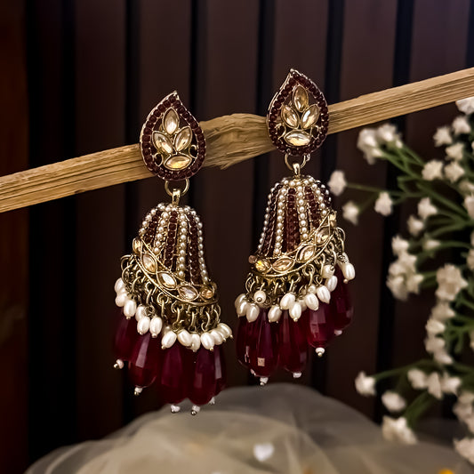 Maheer Jadau Jhumka Earrings - Maroon