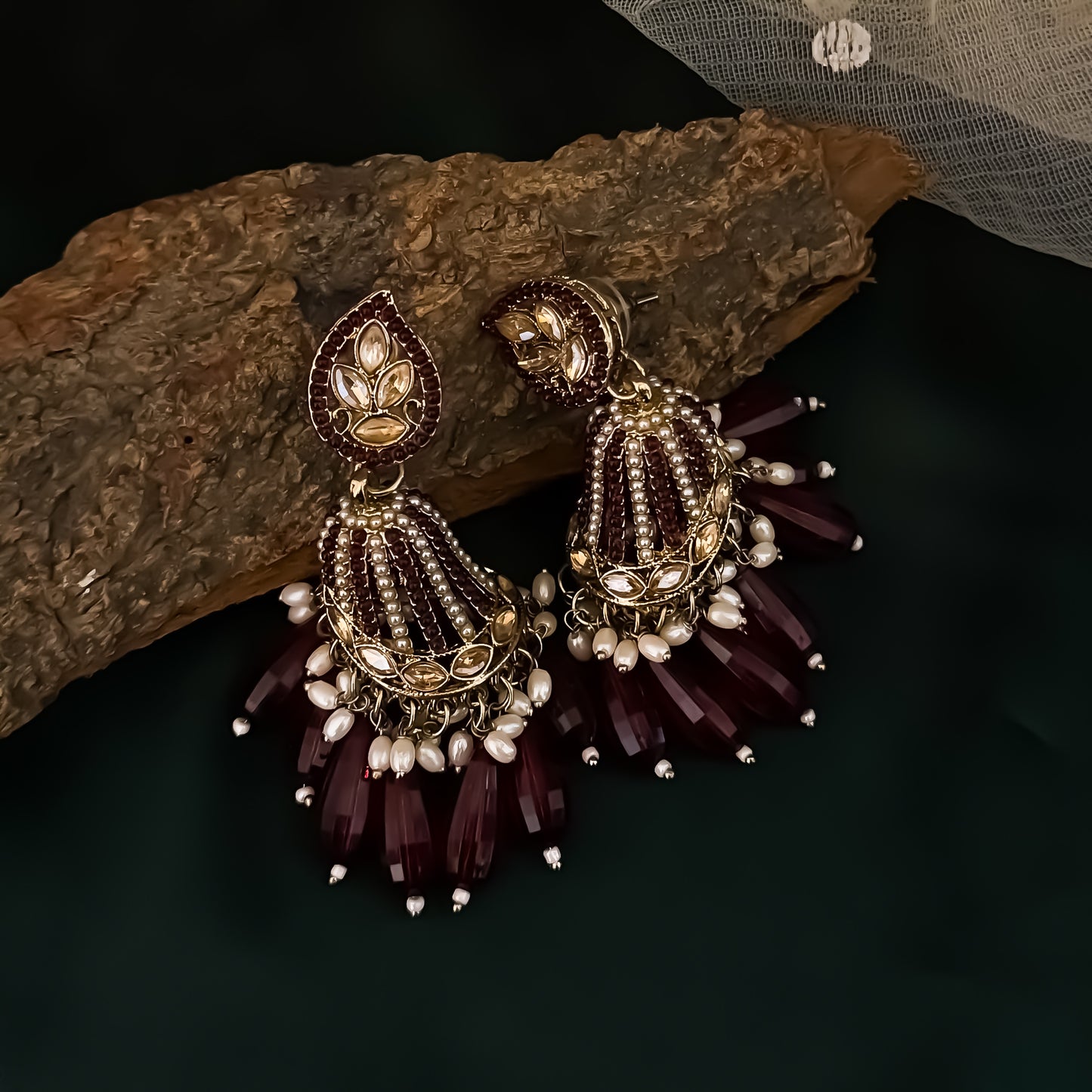 Maheer Jadau Jhumka Earrings - Maroon