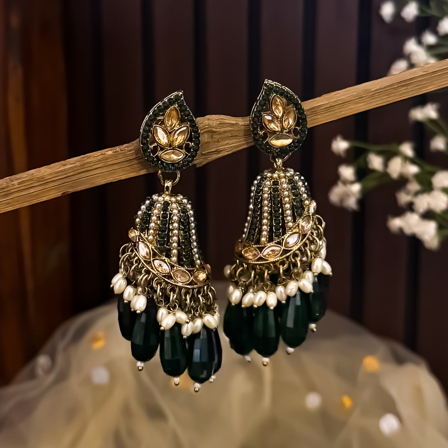 Maheer Jadau Jhumka Earrings - Green