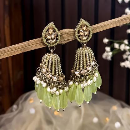 Maheer Jadau Jhumka Earrings - Pista Green