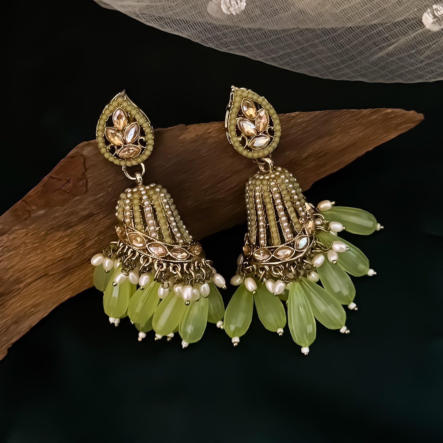 Maheer Jadau Jhumka Earrings - Pista Green