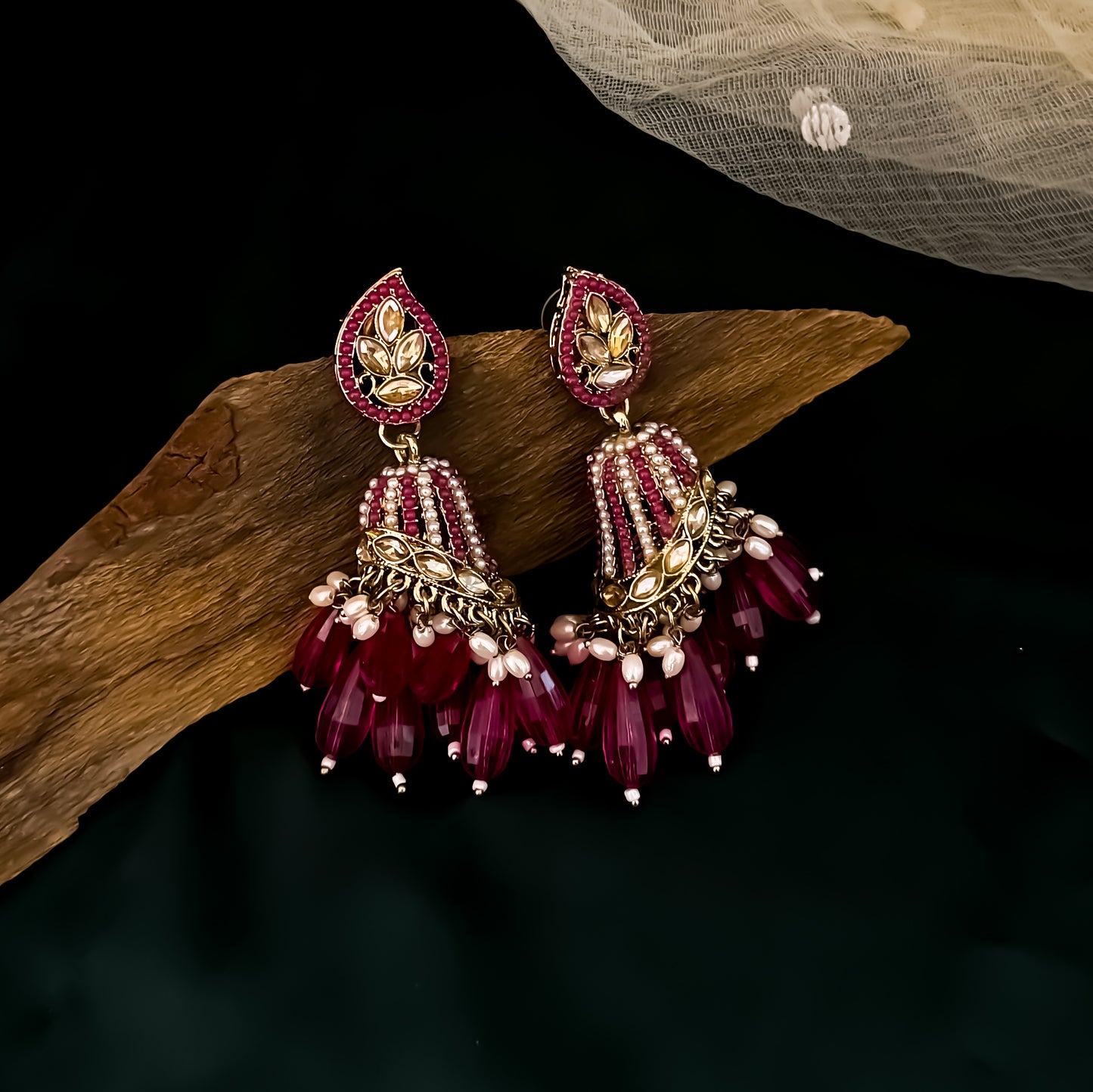 Maheer Jadau Jhumka Earrings - Hot Pink