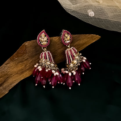 Maheer Jadau Jhumka Earrings - Hot Pink