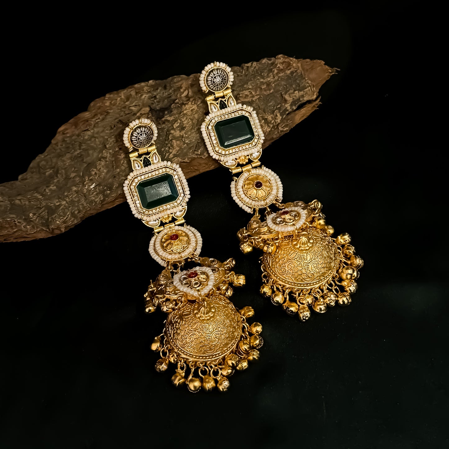 Pehal Kashmiri Brass Ghungroo Jhumka Earrings - Green