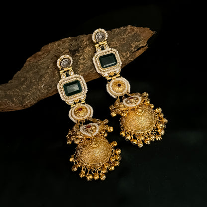 Pehal Kashmiri Brass Ghungroo Jhumka Earrings - Green