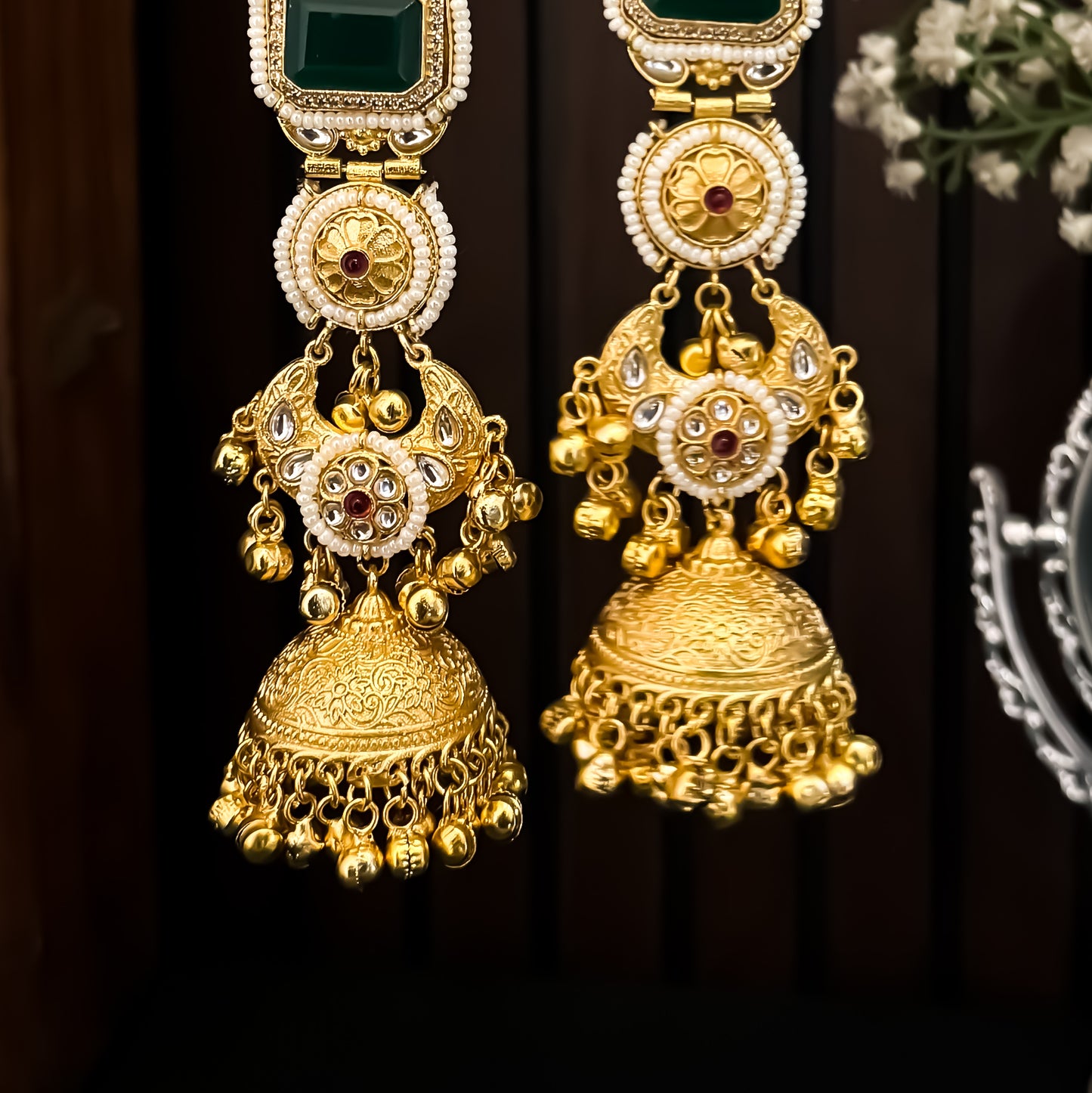 Pehal Kashmiri Brass Ghungroo Jhumka Earrings - Green