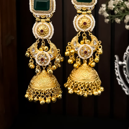 Pehal Kashmiri Brass Ghungroo Jhumka Earrings - Green