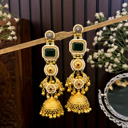 Pehal Kashmiri Brass Ghungroo Jhumka Earrings - Green