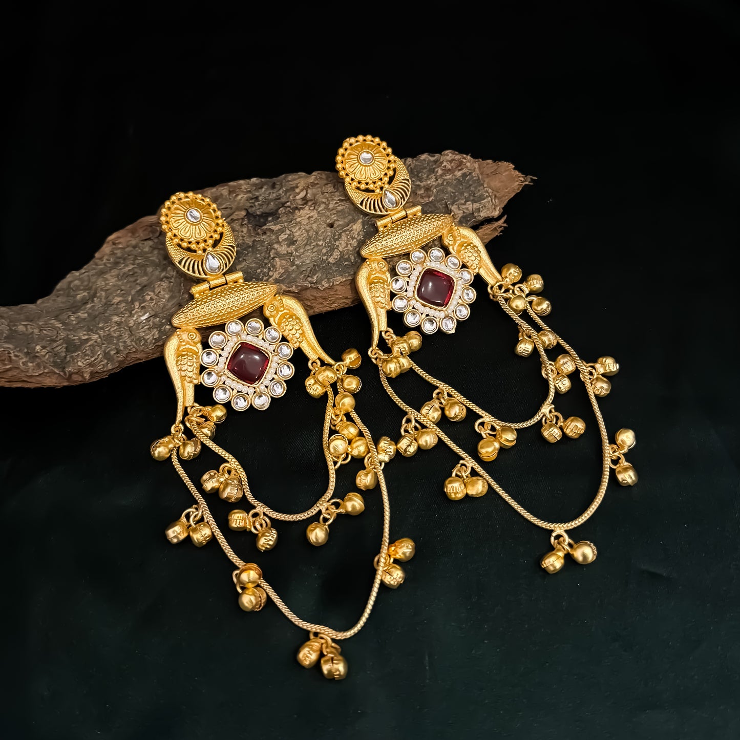 Rajitha Kashmiri Brass Ghungroo Chandbali Earrings - Maroon
