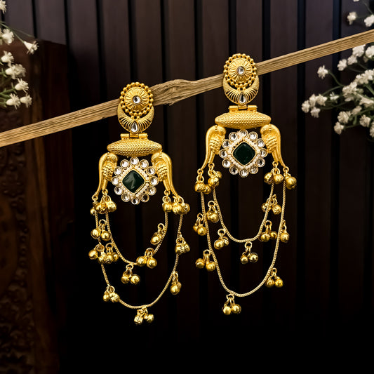 Rajitha Kashmiri Brass Ghungroo Chandbali Earrings - Green