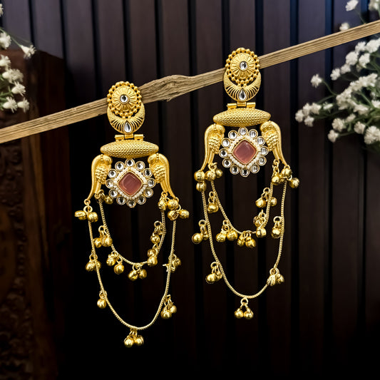 Rajitha Kashmiri Brass Ghungroo Chandbali Earrings - Pastel Pink