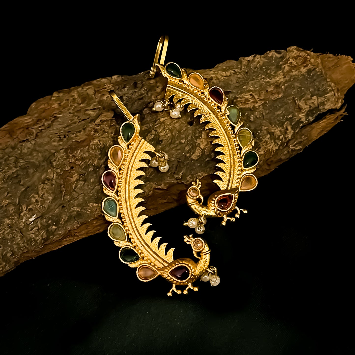 Breshna Premium Kashmiri Brass Earcuff Earrings - Pink & Green