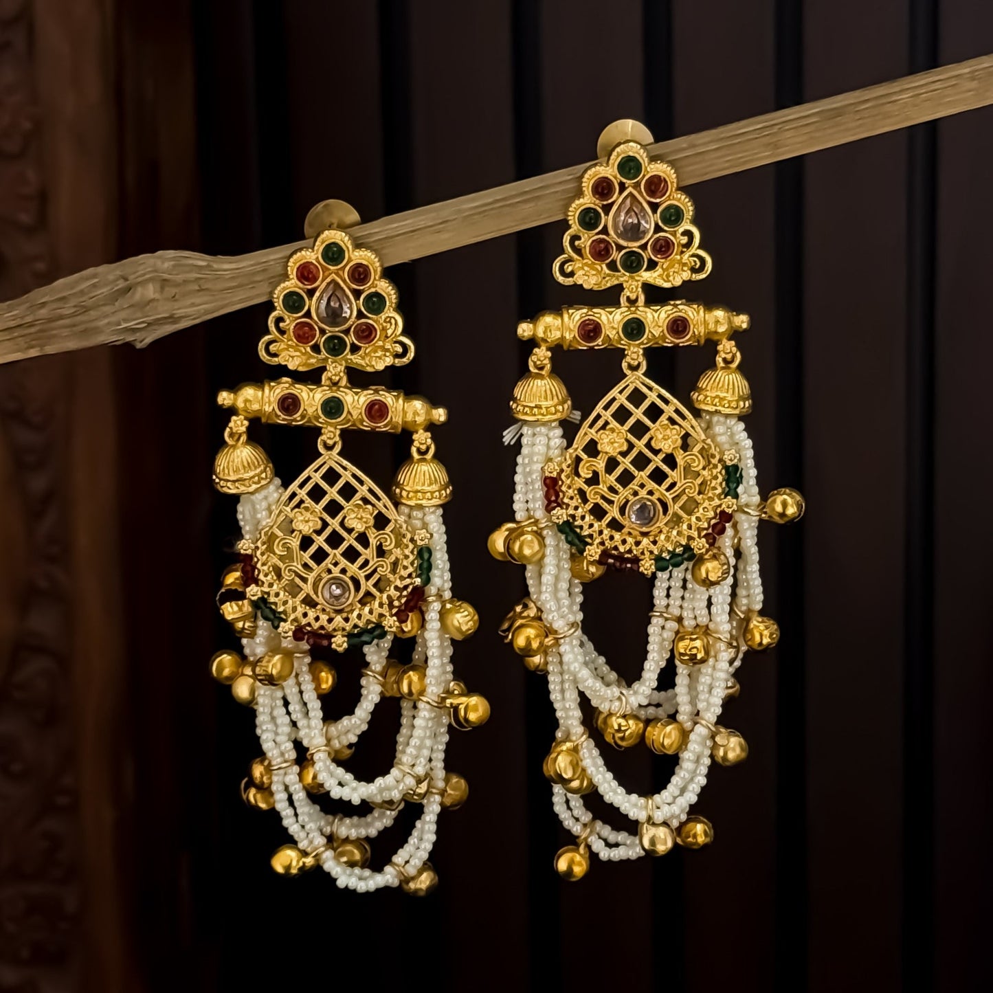 Shambhavi Premium Kashmiri Brass Pearl Chandbali Earrings -Pink & Green