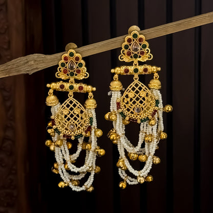 Shambhavi Premium Kashmiri Brass Pearl Chandbali Earrings -Pink & Green