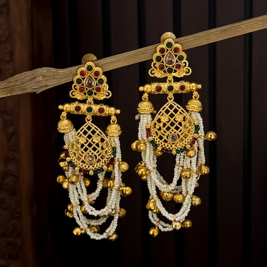 Shambhavi Premium Kashmiri Brass Pearl Chandbali Earrings -Pink & Green