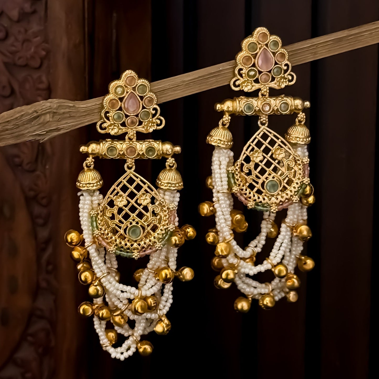 Shambhavi Premium Kashmiri Brass Pearl Chandbali Earrings - Pastel Pink & Pastel Green