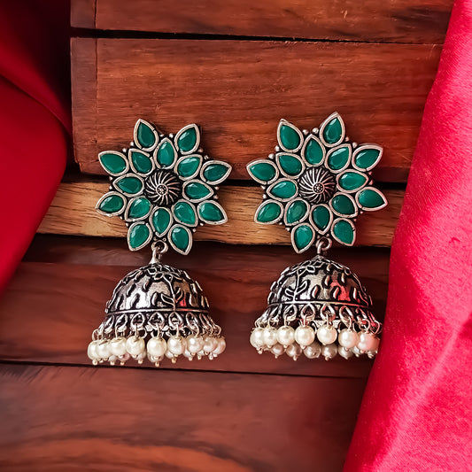 Soni German Silver Jhumka - Green