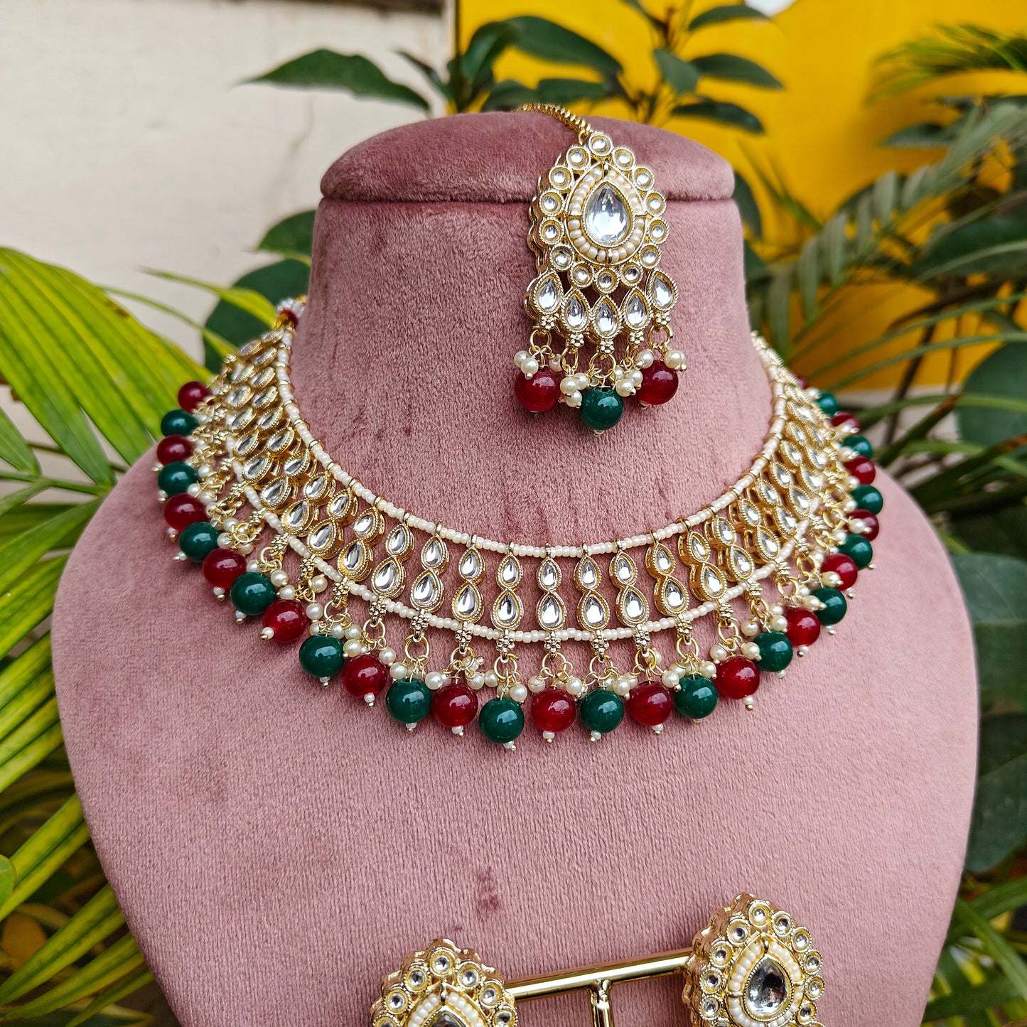 Gazal Red Green Pearl Necklace Set with Earrings & Tika