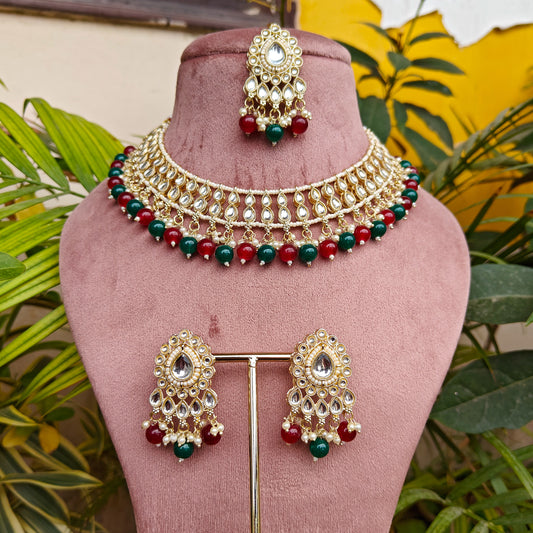 Gazal Red Green Pearl Necklace Set with Earrings & Tika