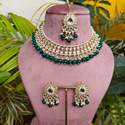 Gazal Green Pearl Necklace Set with Earrings & Tika