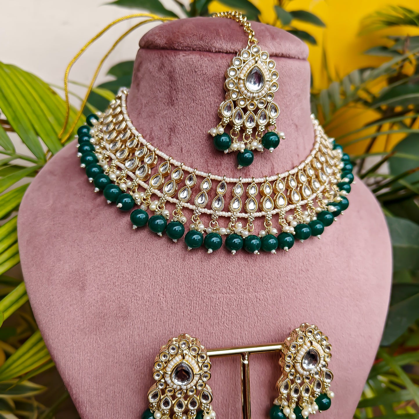 Gazal Green Pearl Necklace Set with Earrings & Tika