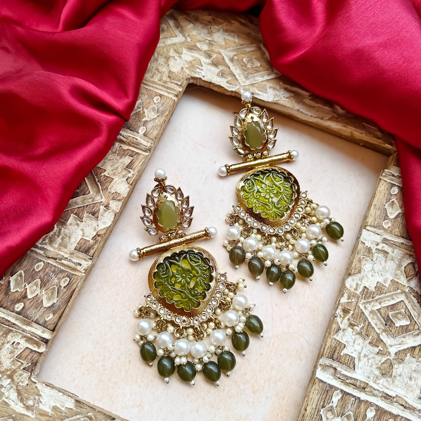 Shagun Cutwork Chandbali Earrings - Mehendi Green