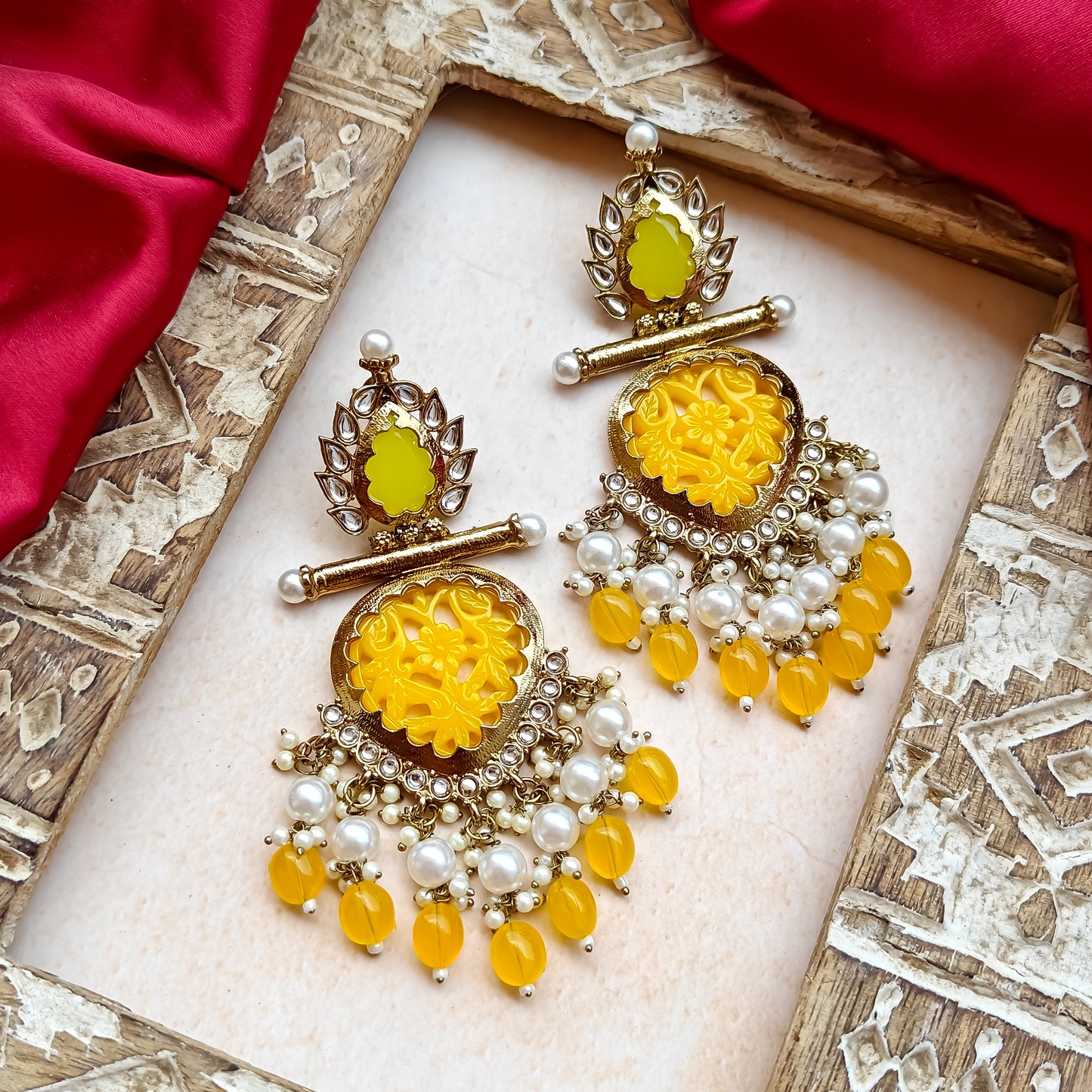 Shagun Cutwork Chandbali Earrings - Yellow