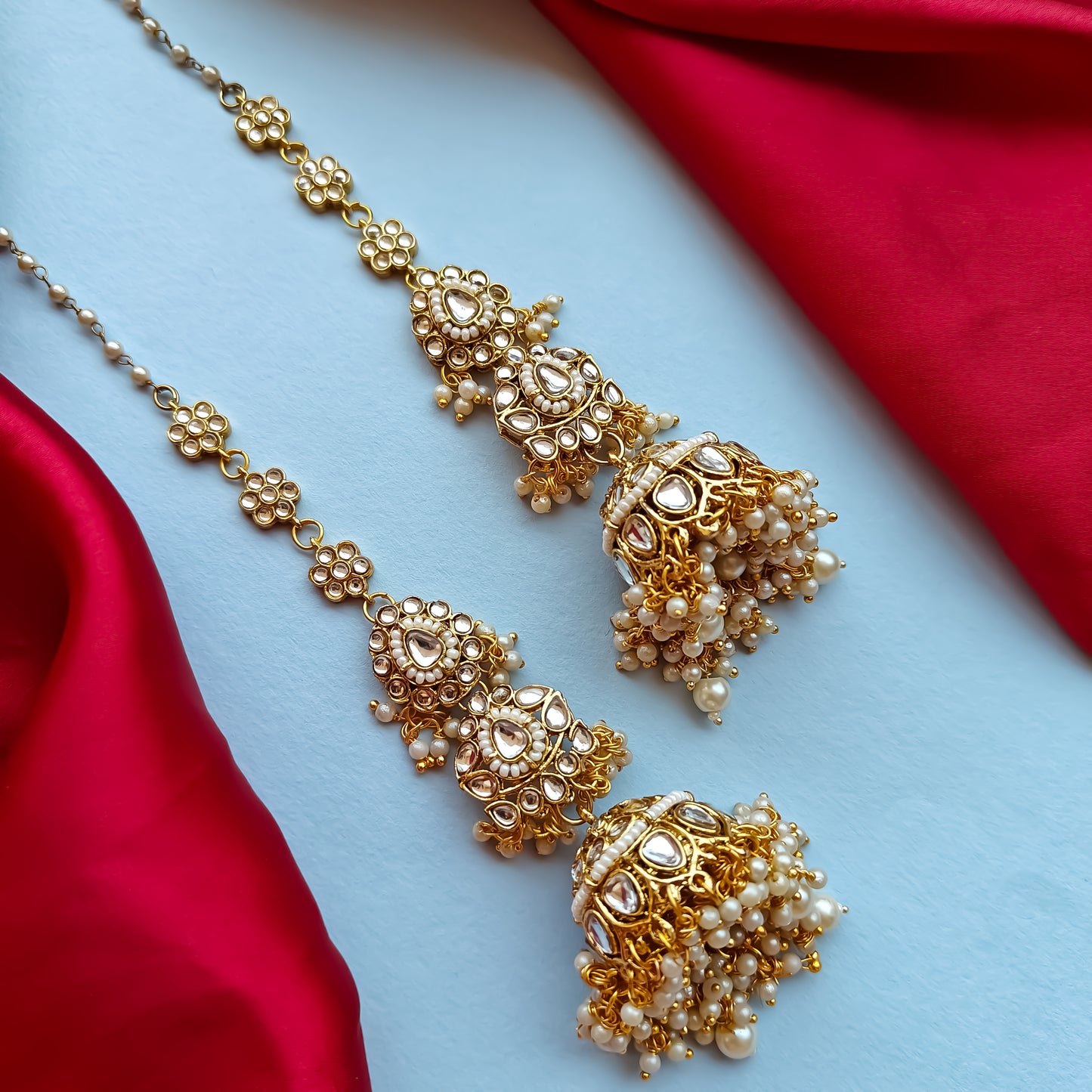 Preeta Kundan Jhumka Earrings with Earchain / Sahara - Golden