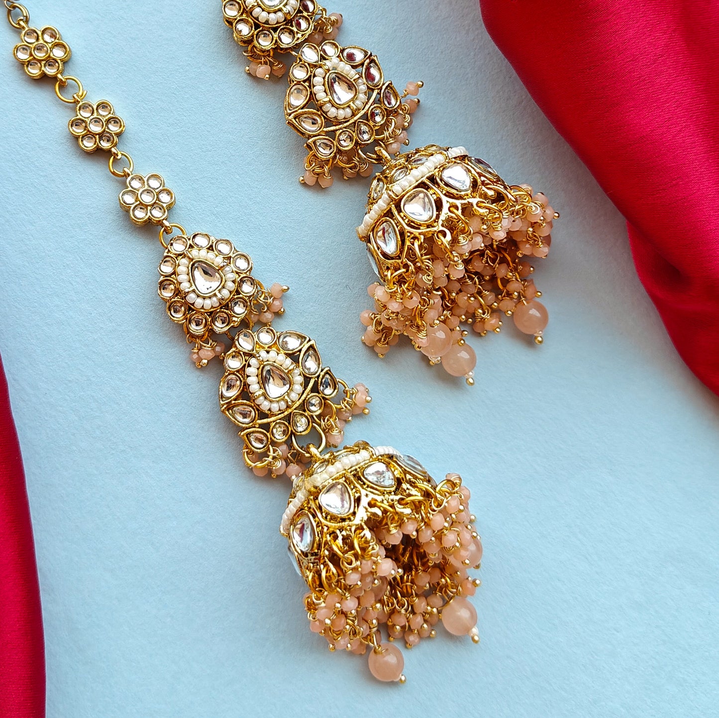 Preeta Kundan Jhumka Earrings with Earchain / Sahara - Peach