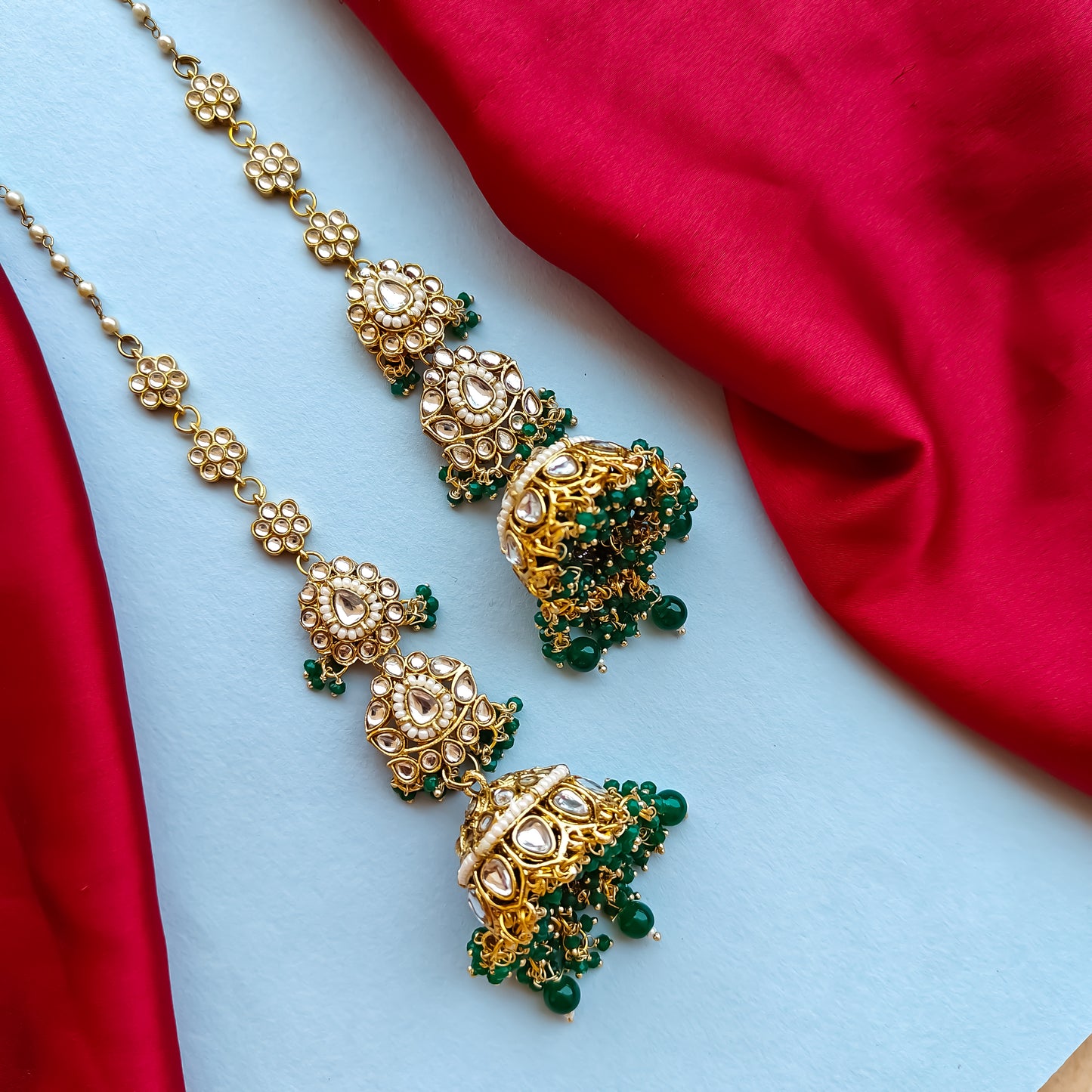 Preeta Kundan Jhumka Earrings with Earchain / Sahara - Green