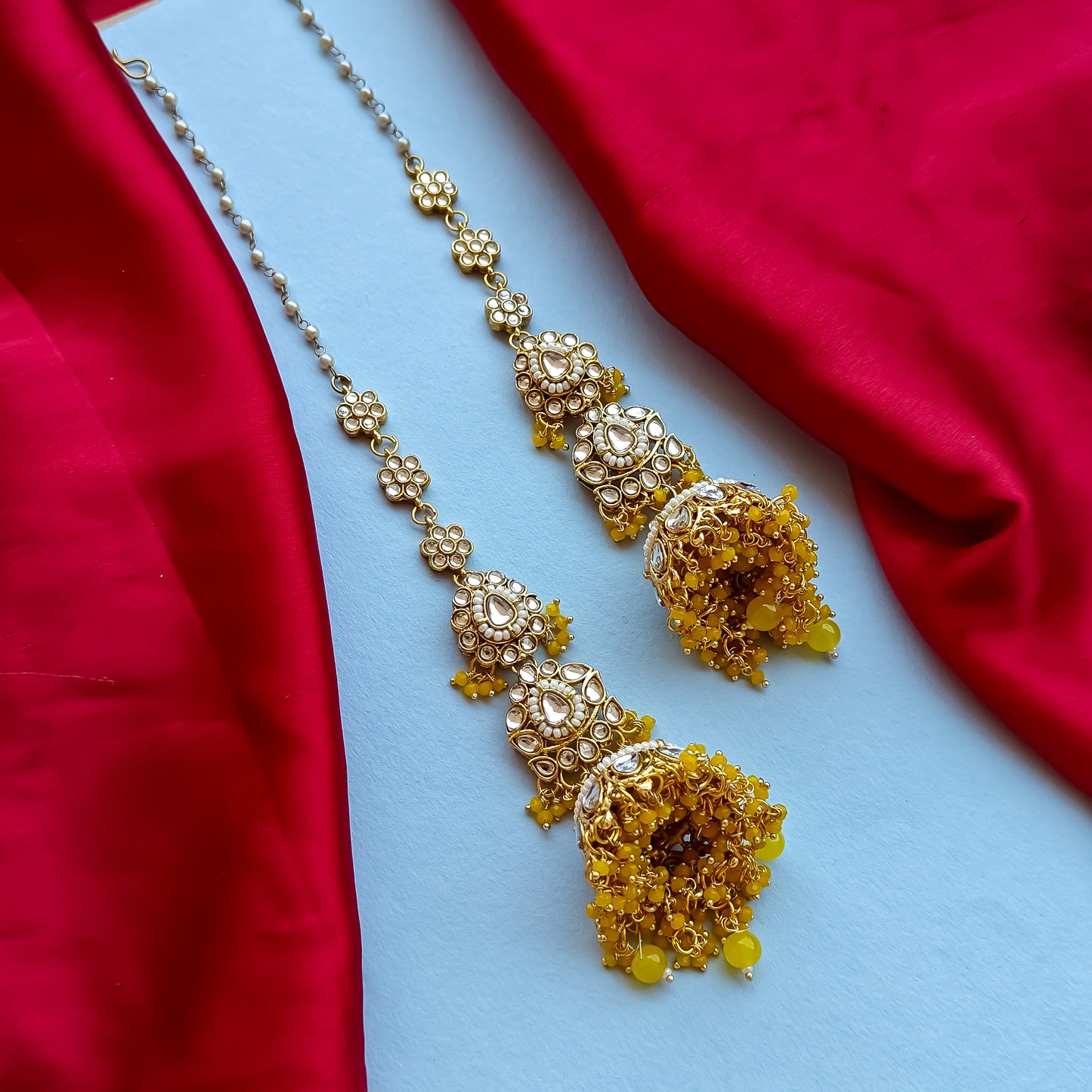 Preeta Kundan Jhumka Earrings with Earchain / Sahara - Yellow