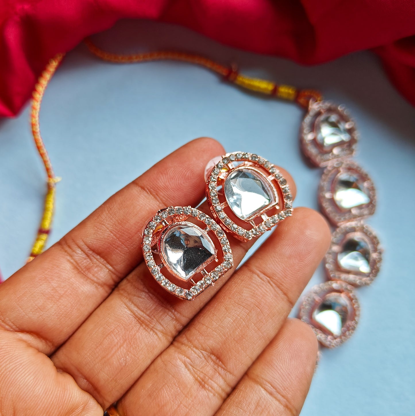 Prisa Rose Gold Polki Look Alike Necklace Set with Earrings