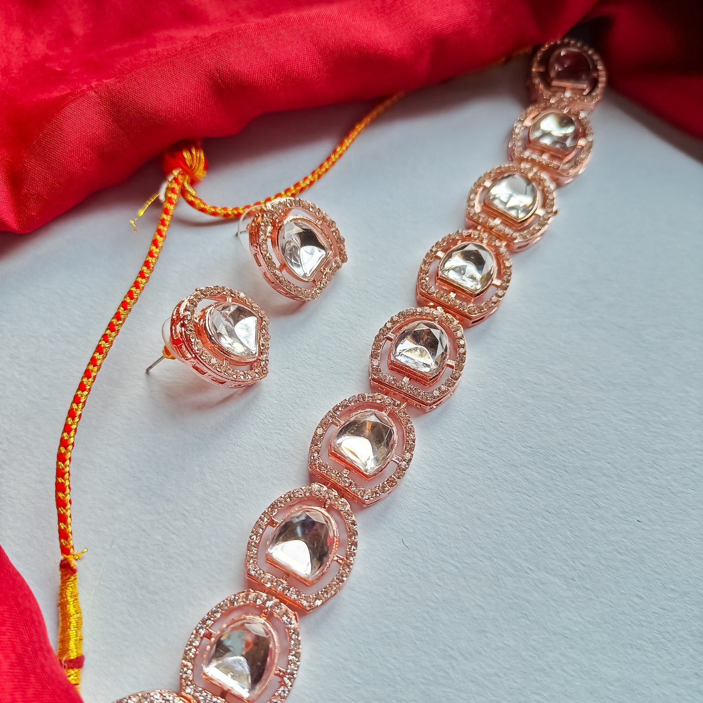 Prisa Rose Gold Polki Look Alike Necklace Set with Earrings