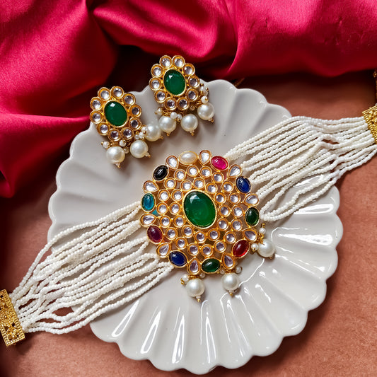 Neha Kundan Choker Necklace Set - Multi